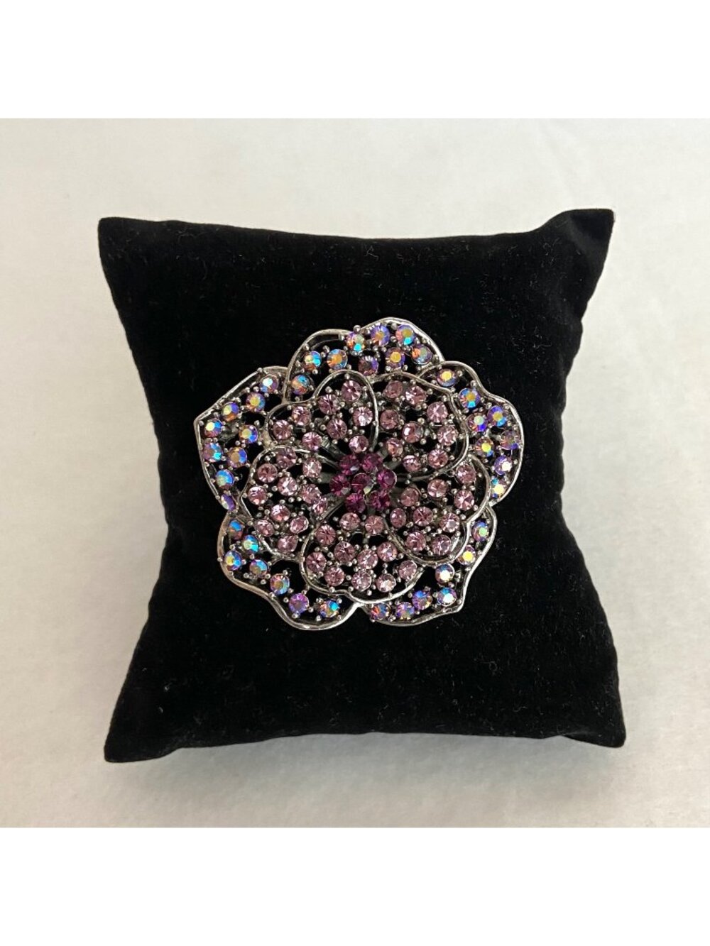 Silver Tone Pink Purple Rhinestone Flower Floral Brooch Pendant
